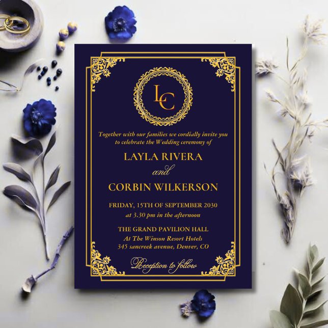 Convite Quadro Clássico Dourado Monograma Real Casamento (Criador carregado)