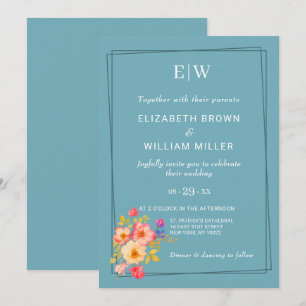 Convite Quadro com Rosas, estilo de casamento em azul retr