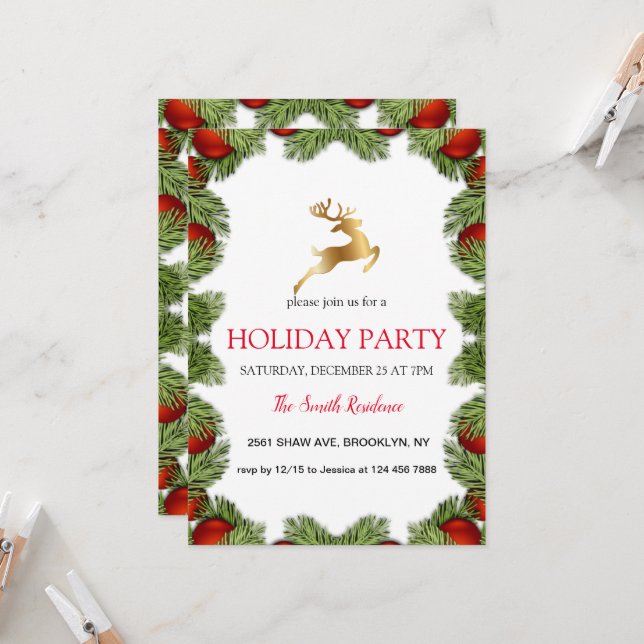 Convite Quadro da árvore de Natal, renas ouros (Frente/Verso In Situ)