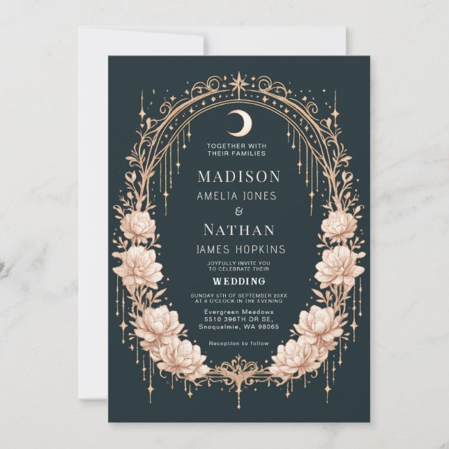 Convite Quadro da Lua Celestial Dourado Casamento Romântic (Frente)