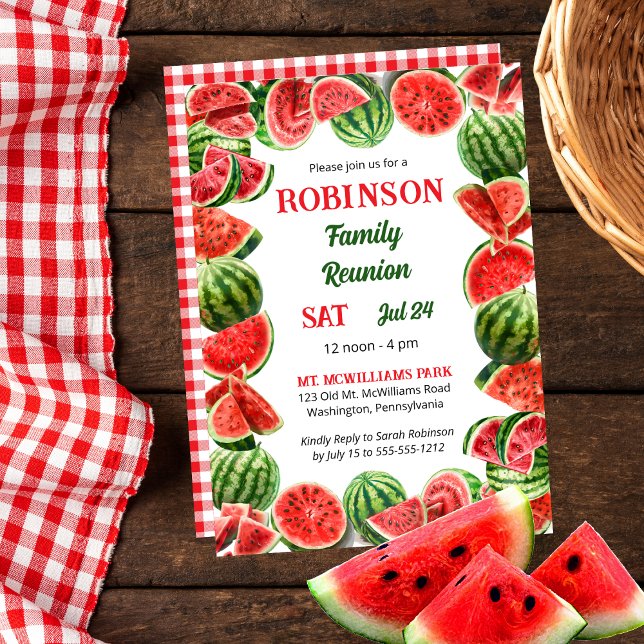 Convite Quadro das Melancias de Verão | Controla a união f (Fresh Summer Watermelons Frame | Red and White Gingham Checks Family Reunion Invitation)