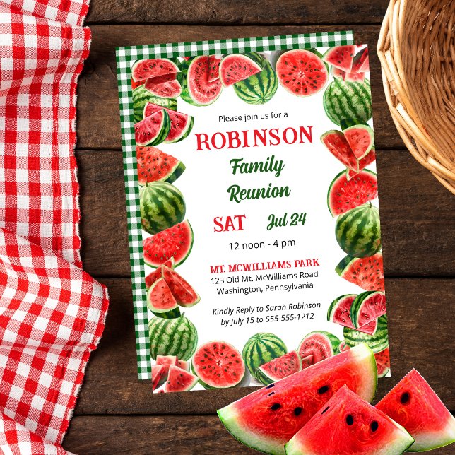 Convite Quadro das Melancias de Verão | Controla a união f (Fresh Summer Watermelons Frame | Back Green and White Gingham Checks Family Reunion Invitation)