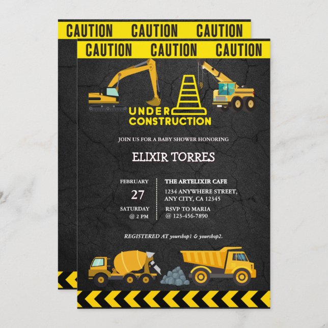 Convite Quadro De Alcatrão Sob Chá de fraldas De Construçã (Frente/Verso)