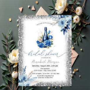 Convite Quadro de Brilho de Garrafa de Vinho Floral Azul B