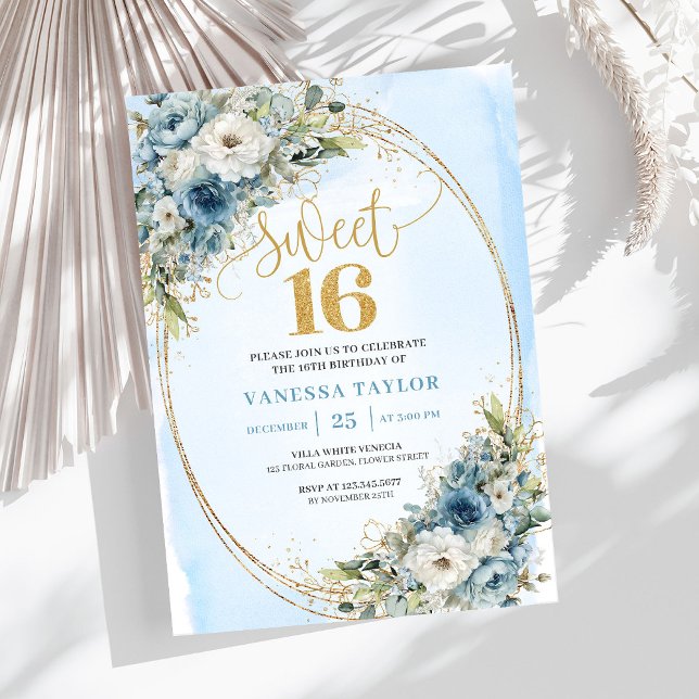 Convite Quadro de Brilho Dourado Adorável Aniversário de S (Lovely Gold Glitter Frame Sweet Sixteen Birthday Invitation

)