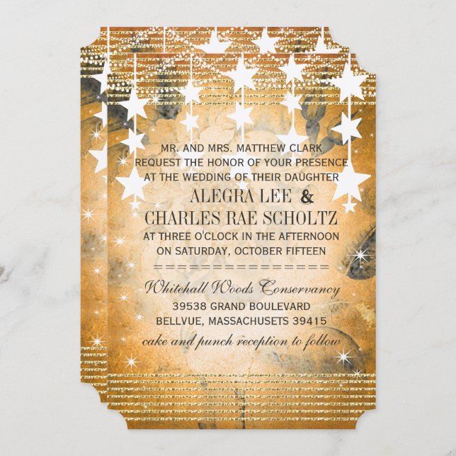 Convite Quadro de Casamento Dourado rosa sob as Estrelas (Frente/Verso)