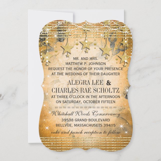 Convite Quadro de Casamento Dourado rosa sob as Estrelas (Frente)