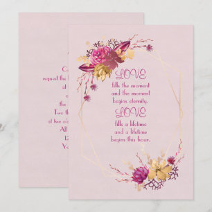 Convite Quadro de casamento floral rosa com borda dourada