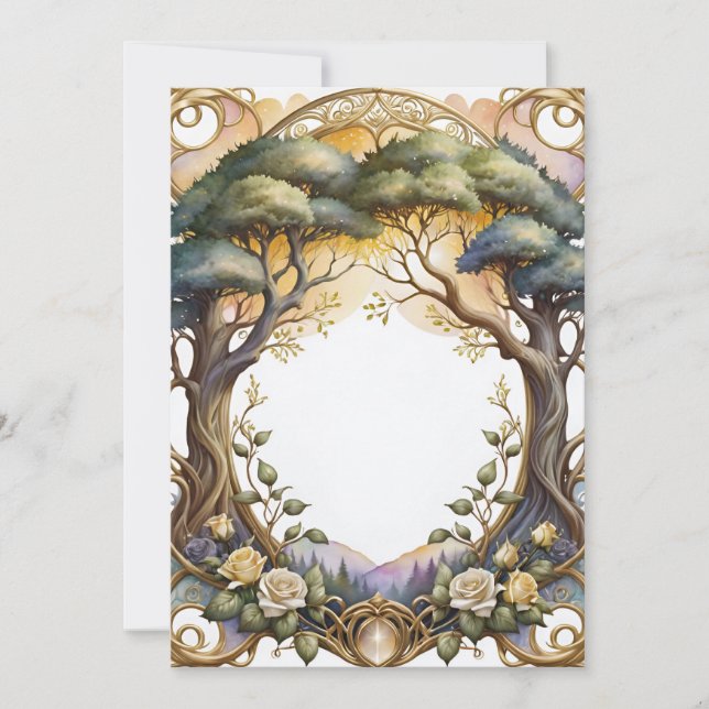 Convite quadro de casamento ouro e flores mágicas (Frente)