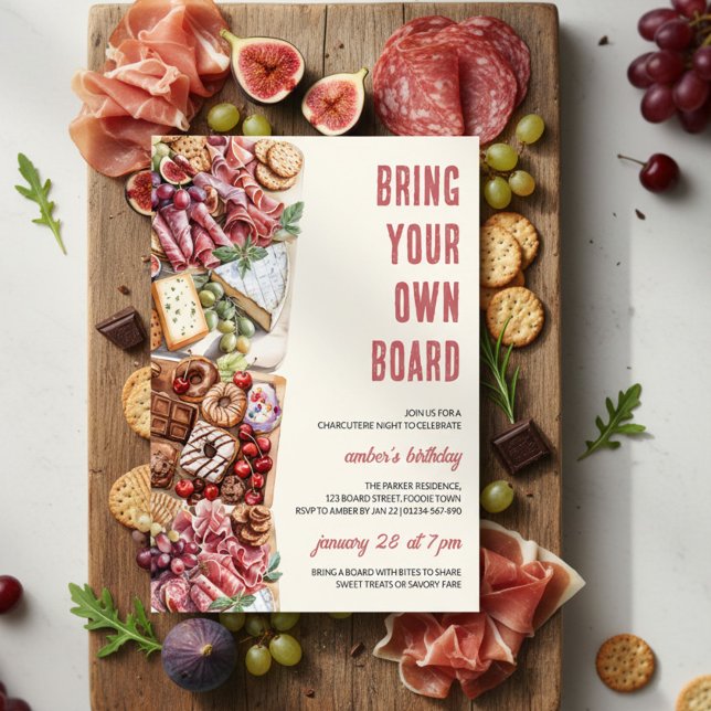 Convite Quadro de Charcutaria Rústico para Noite de Bring  (BYOB Charcuterie Night invitation - perfect for birthdays to backyard movie nights)
