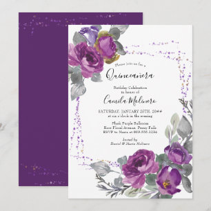 Convite Quadro de Confetes de Rosa Roxa Floral Quinceanera