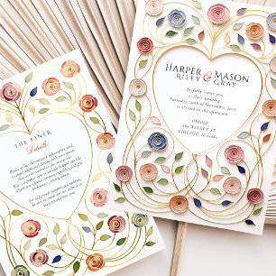 Convite Quadro de Coração Dourado Floral Esmalte Casamento