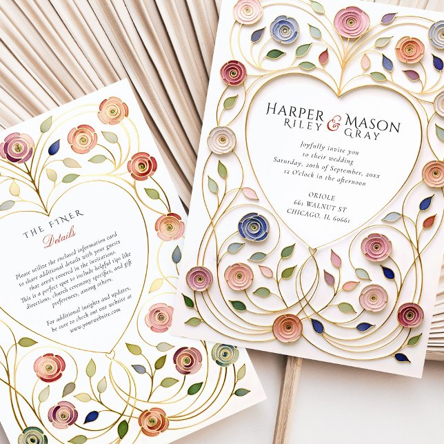 Convite Quadro de Coração Dourado Floral Esmalte Casamento (Criador carregado)