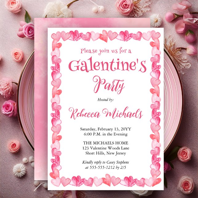 Convite Quadro de Corações para Festa de Galentine's Day (Sweet Hearts Frame Galentine’s Party Invitation | Pink Watercolor Valentine Invite - Print Digital)