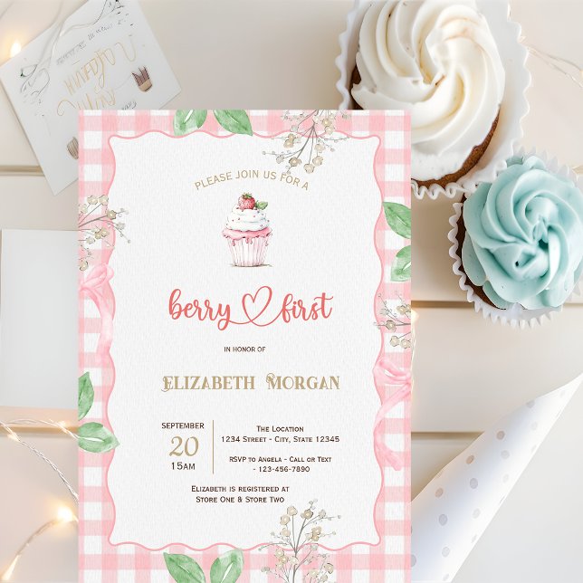 Convite Quadro de Cupcake de Morango Xadrez Baby Shower  (Criador carregado)