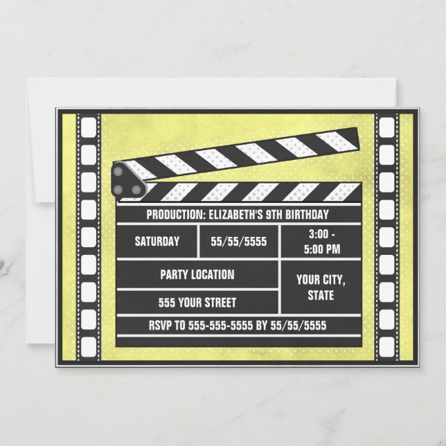 Convite Quadro de Festas de aniversário de filmes amarelo (Frente)