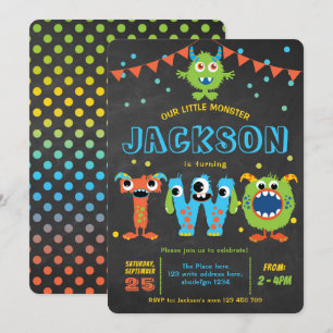 Convite quadro de festas de monstro fofo segundo aniversá