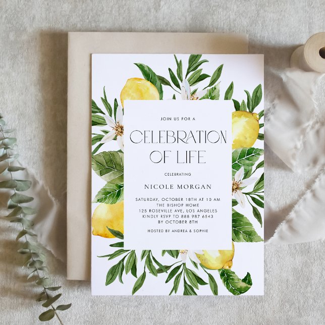 Convite Quadro de Flor de Limão em Aquarela Celebração da  (Custom Celebration of Life invitation featuring watercolor lemons, blossoms, and greenery.)