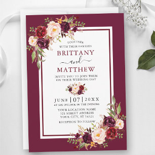 Convite Quadro de Floral Aquarela Burgundy para Casamento