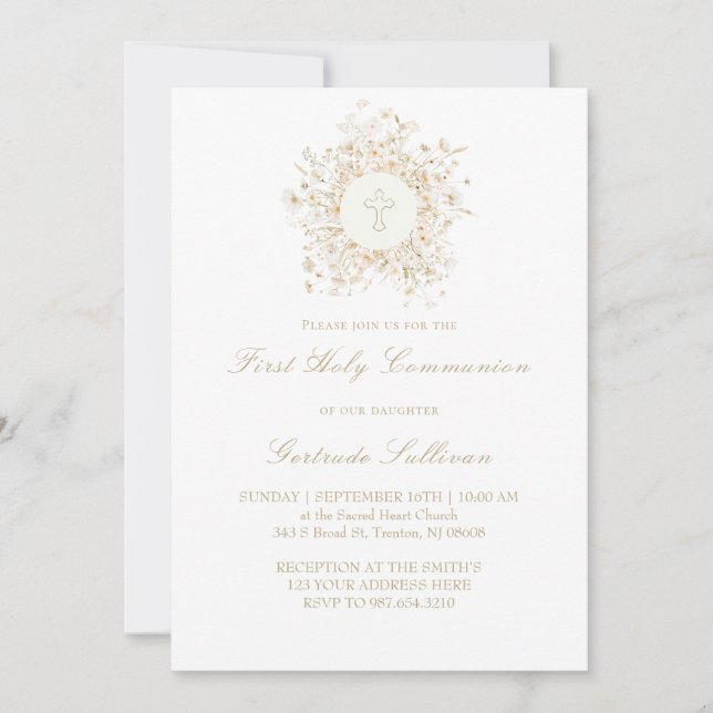 Convite quadro de flores brancas Primeira Comunhão Santa (Frente)