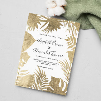 Convite Quadro de folhas de ouro branco tropical casamento