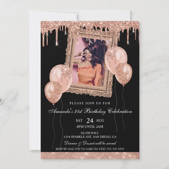 Convite Quadro de Foto com Drip em Dourado Rosa e Preto Br (Frente)