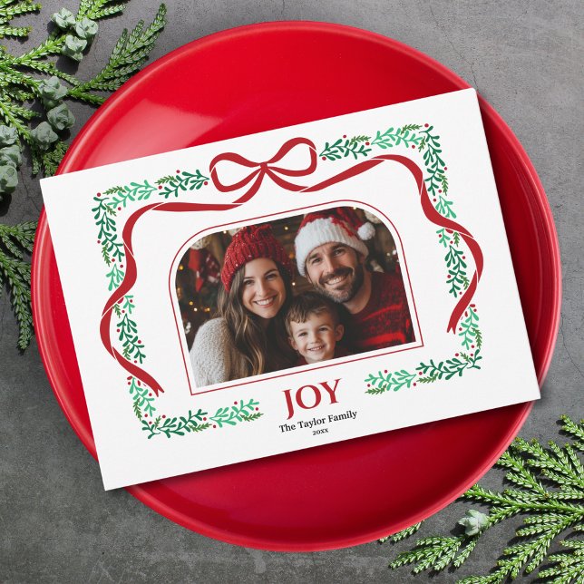 Convite Quadro de Foto da Fita de Fita de Natal de Joy Arc (christmas red bow and greenery arch photo frame)
