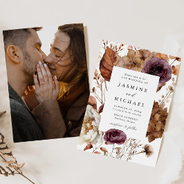 Convite Quadro de Foto Floral Rustico Outono Marsala Casam