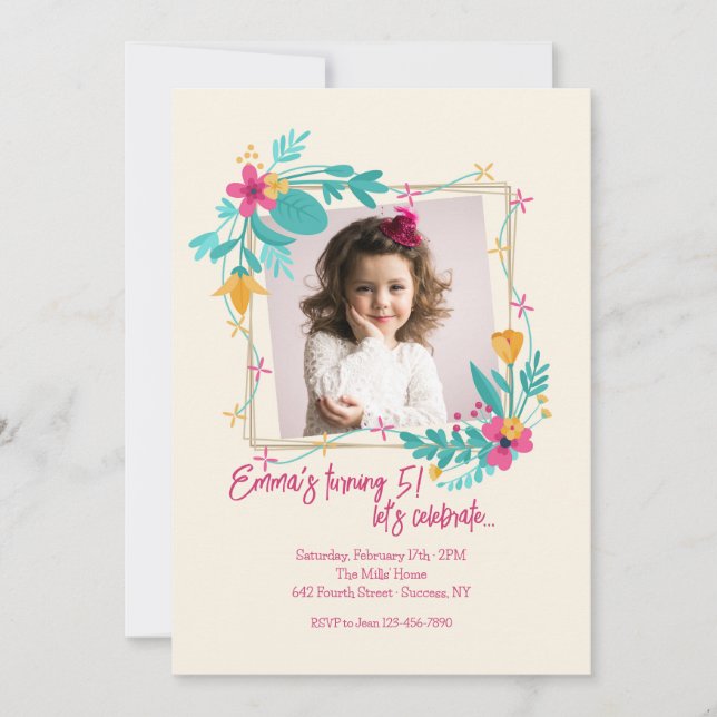Convite Quadro de Fotos de Flores para Meninas (Frente)