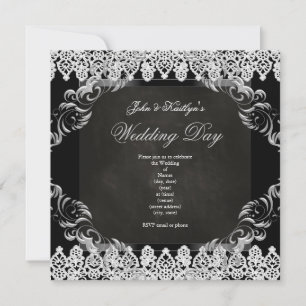Convite Quadro de Giz de Casamento Preto Renda Vintage Pra