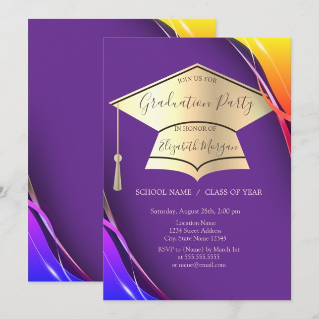 Convite  Quadro de Graduação Dourado com Tampa Violeta Gra (Frente/Verso)