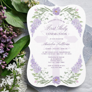 Convite Quadro de Lilás Floral Primeira Comunhão Sagrada C