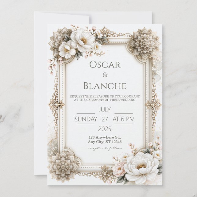 Convite Quadro de Mandala Floral Marfim Casamento (Frente)