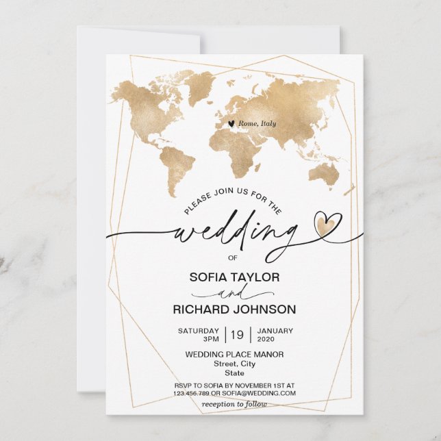 Convite Quadro de Mapa Mundial Destino de Casamento Dourad (Frente)