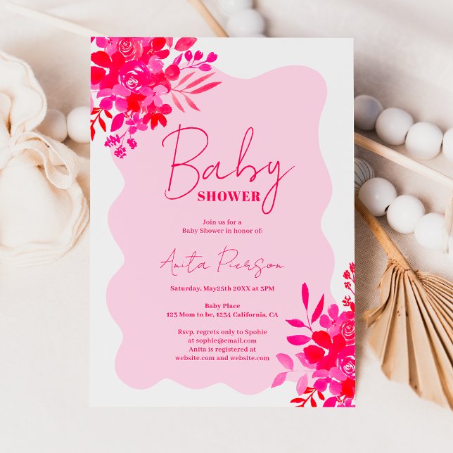Convite Quadro de onda rosa quente chá de fraldas floral c (Hot pink wavy frame red pink floral baby shower invitation)