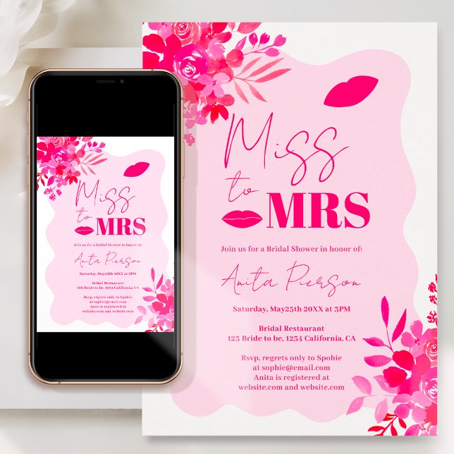 Convite Quadro de onda rosa quente chá de panela floral co (Criador carregado)