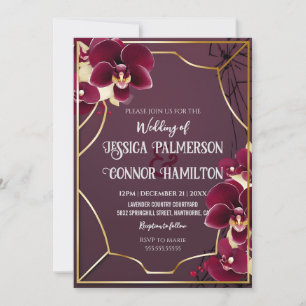 Convite Quadro de Ouro da Orquídea Burgundia de Casamento