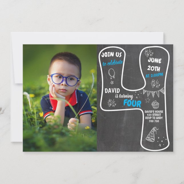 Convite Quadro de referência do 4.º aniversário com número (Frente)