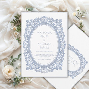 Convite Quadro de Renda Azul Caprichoso Casamento Vintage