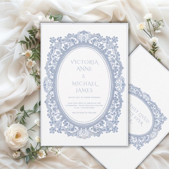 Convite Quadro de Renda Azul Caprichoso Casamento Vintage  (Criador carregado)