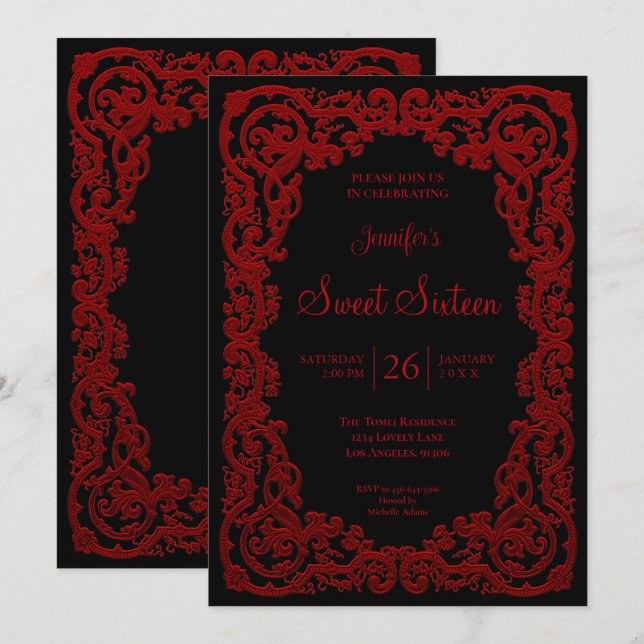 Convite Quadro de Renda Ornata Vermelha Sweet 16 (Frente/Verso)