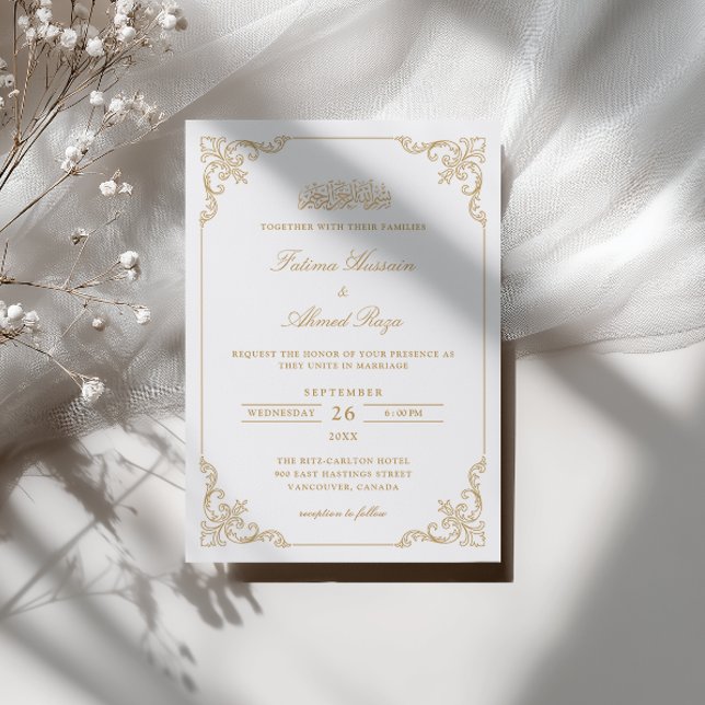 Convite Quadro de Renda Vitoriana Dourada Casamento Muçulm (Criador carregado)