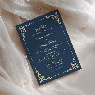 Convite Quadro de Renda Vitoriana Dourado Azul Marinho Cas