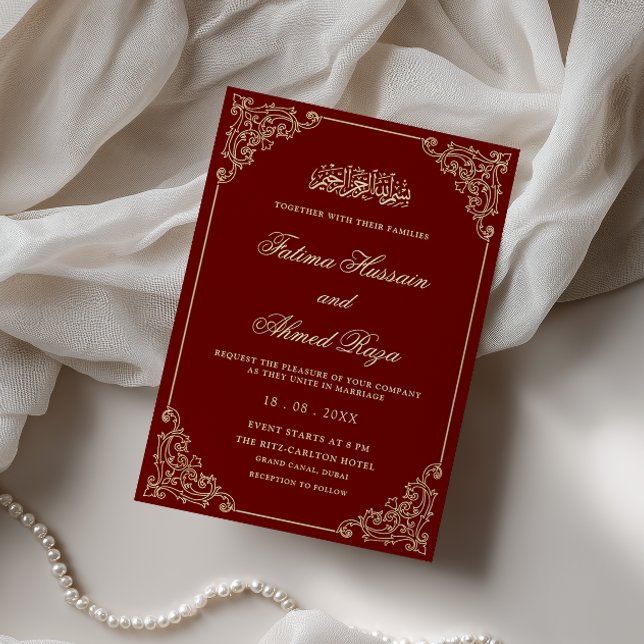 Convite Quadro de Renda Vitoriana Dourado Burgundy Casamen (Criador carregado)