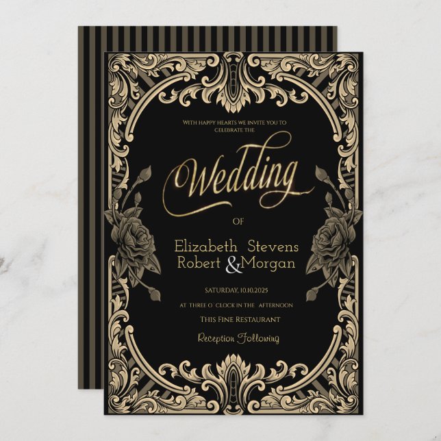 Convite Quadro de Rosas Chic, Casamento Gótico Stripes (Frente/Verso)