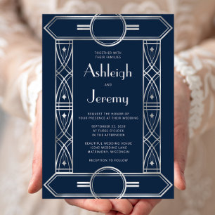 Convite Quadro Deco Vintage Prata Casamento Azul Marinho