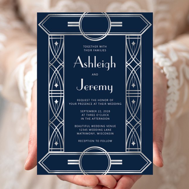 Convite Quadro Deco Vintage Prata Casamento Azul Marinho (Criador carregado)