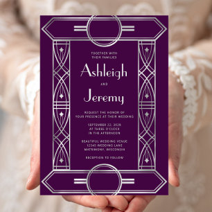 Convite Quadro Deco Vintage Prata Casamento Roxo