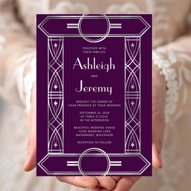 Convite Quadro Deco Vintage Prata Casamento Roxo (Criador carregado)