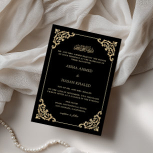 Convite Quadro Dourado Barroco Casamento Muçulmano Negro R